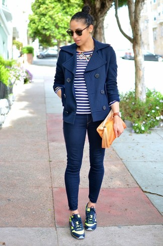 Navy and White Horizontal Striped Long Sleeve T-shirt Outfits For Women: 