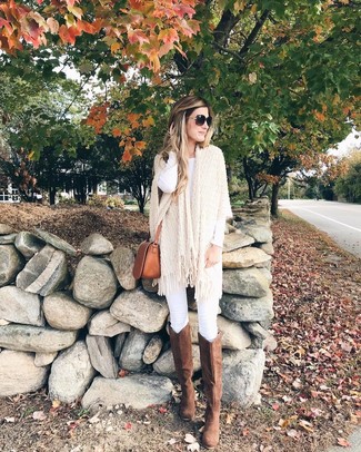 Women's Brown Suede Knee High Boots, White Skinny Jeans, White Long Sleeve T-shirt, Beige Knit Poncho