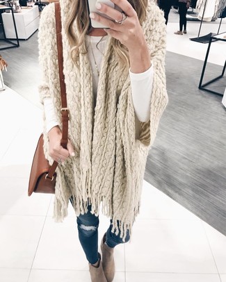 Women's Beige Suede Ankle Boots, Navy Ripped Skinny Jeans, White Long Sleeve T-shirt, Beige Knit Poncho