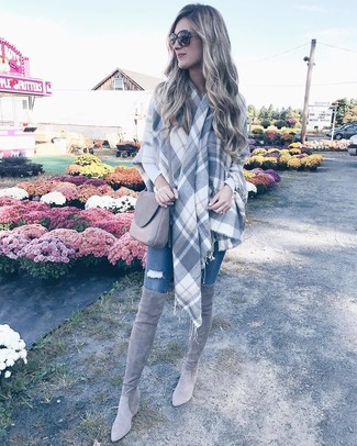 Women's Grey Suede Over The Knee Boots, Blue Ripped Skinny Jeans, White Long Sleeve T-shirt, Grey Plaid Shawl
