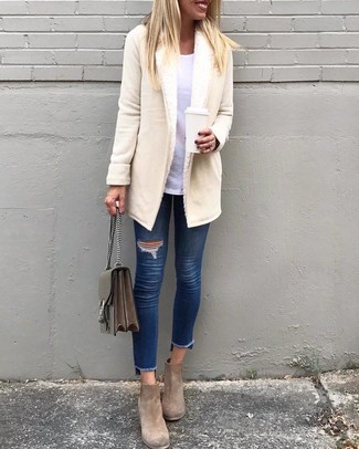 Women's Brown Suede Ankle Boots, Navy Ripped Skinny Jeans, White Long Sleeve T-shirt, White Shearling Coat