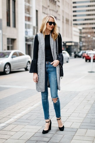 Blue Ripped Skinny Jeans Outfits: 