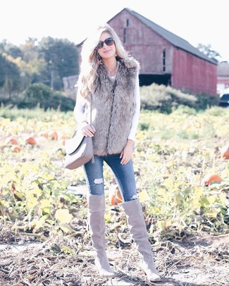 Women's Grey Suede Over The Knee Boots, Blue Ripped Skinny Jeans, White Long Sleeve T-shirt, Grey Fur Vest