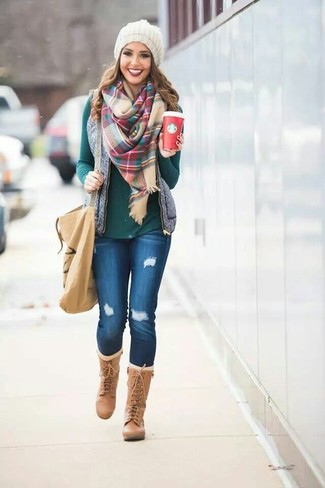 Women's Tan Leather Mid-Calf Boots, Blue Ripped Skinny Jeans, Dark Green Long Sleeve T-shirt, Grey Quilted Vest