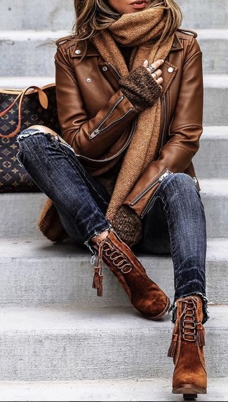Brown Leather Biker Jacket Outfits For Women: 