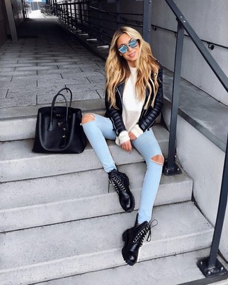 Women's Black Leather Lace-up Flat Boots, Light Blue Ripped Skinny Jeans, White Oversized Sweater, Black Quilted Leather Biker Jacket