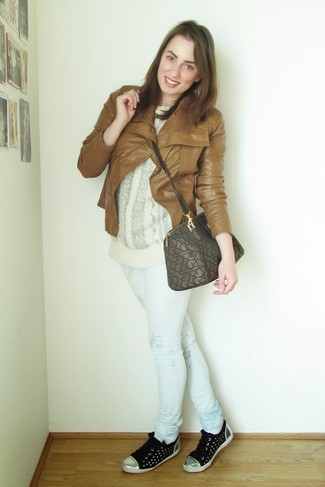 Brown Print Leather Satchel Bag Outfits: 
