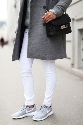 Women's Grey Athletic Shoes, White Skinny Jeans, Grey Knit Oversized Sweater, Grey Coat