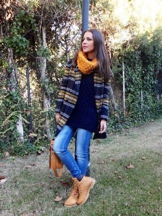 Women's Tan Nubuck Lace-up Flat Boots, Blue Ripped Skinny Jeans, Navy Oversized Sweater, Navy Horizontal Striped Coat