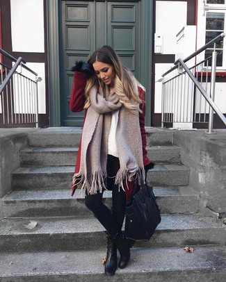 Women's Black Leather Ankle Boots, Black Skinny Jeans, White Knit Oversized Sweater, Burgundy Coat
