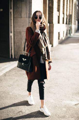 Women's White Leather Low Top Sneakers, Black Ripped Skinny Jeans, Grey Knit Oversized Sweater, Tobacco Coat