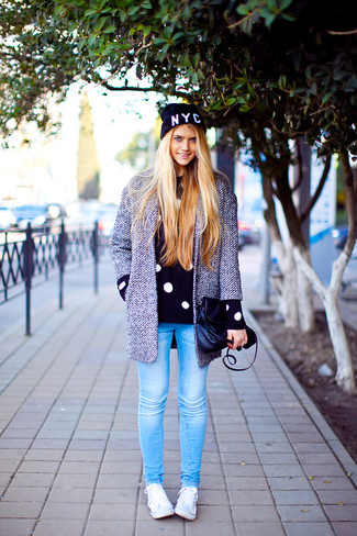 Black and White Polka Dot Oversized Sweater Outfits: 