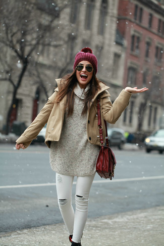 Burgundy Knit Beanie Outfits For Women: 