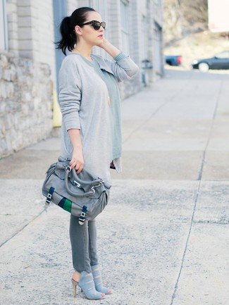 Grey Open Cardigan with Grey Cutout Suede Ankle Boots Outfits: 