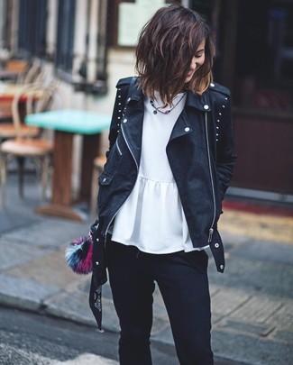 Black Studded Leather Biker Jacket Outfits For Women: 
