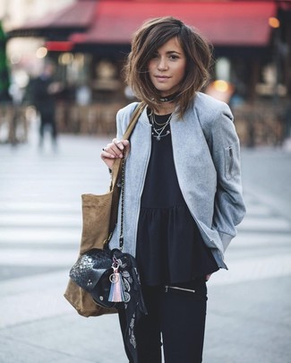 Grey Wool Bomber Jacket Outfits For Women: 