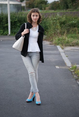 Women's Blue Suede Pumps, Grey Ripped Skinny Jeans, White Peplum Top, Black Knit Cardigan