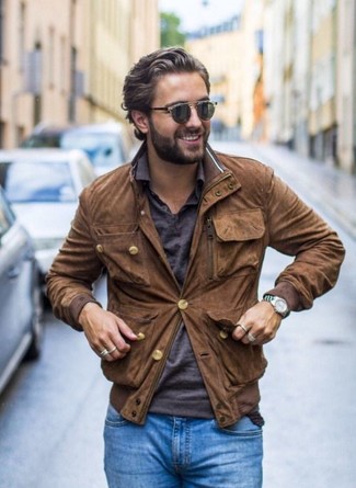 Tobacco Bomber Jacket Outfits For Men: 