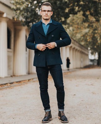 Navy Pea Coat with Black Leather Brogue Boots Outfits: 