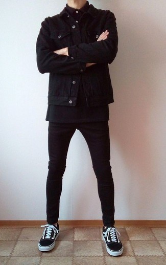Black Corduroy Shirt Jacket Outfits For Men: 