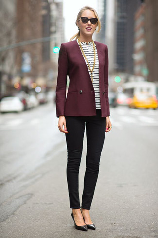 Women's Black Leather Pumps, Black Skinny Jeans, White and Black Horizontal Striped Short Sleeve Blouse, Burgundy Blazer