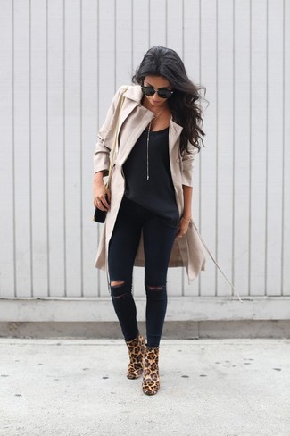 Women's Tan Leopard Suede Ankle Boots, Black Ripped Skinny Jeans, Black Silk Short Sleeve Blouse, Beige Trenchcoat