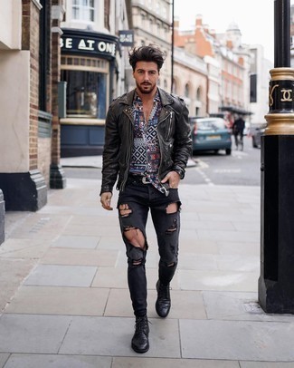 Men's Black Leather Brogue Boots, Charcoal Ripped Skinny Jeans, Multi colored Print Short Sleeve Shirt, Dark Brown Leather Biker Jacket