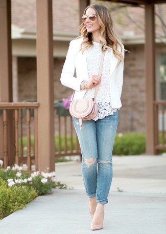 Women's Beige Leather Pumps, Light Blue Ripped Skinny Jeans, White Lace Sleeveless Top, White Blazer