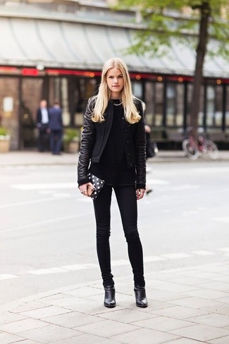 Black Leather Bomber Jacket Outfits For Women: 