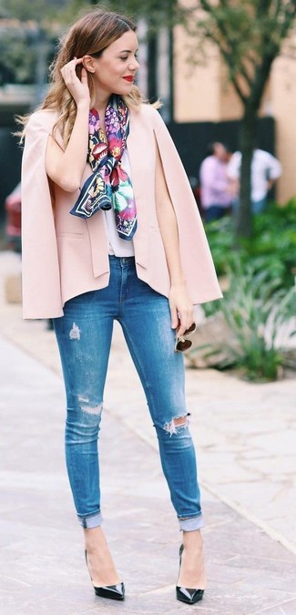 Women's Black Leather Pumps, Blue Ripped Skinny Jeans, White Silk Sleeveless Top, Pink Cape Blazer