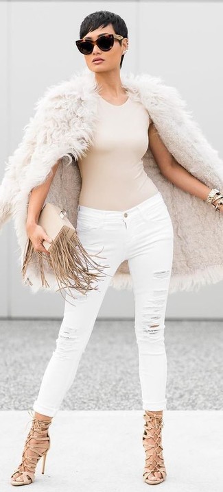 Beige Fringe Leather Clutch Outfits: 