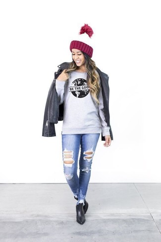 Grey Print Sweatshirt Outfits For Women: 