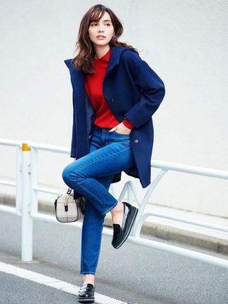 Women's Black Leather Platform Loafers, Blue Skinny Jeans, Red Sweatshirt, Navy Coat