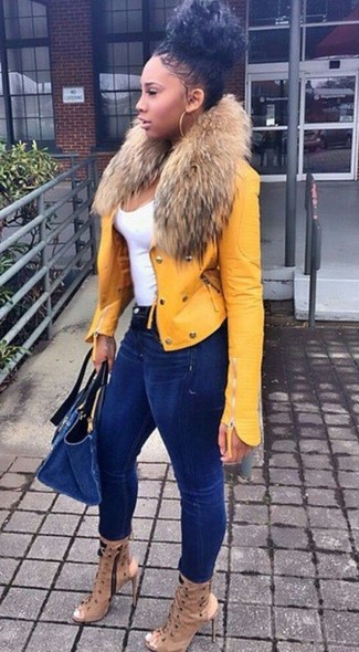 Yellow Leather Biker Jacket Spring Outfits For Women: 