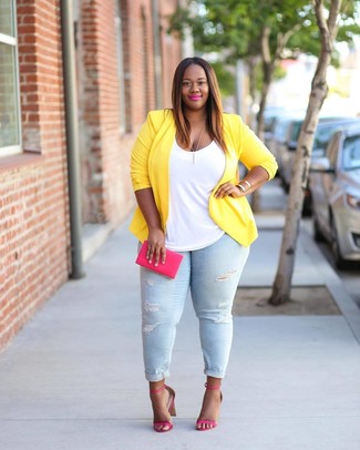 Women's Hot Pink Leather Heeled Sandals, Light Blue Ripped Skinny Jeans, White Tank, Yellow Blazer