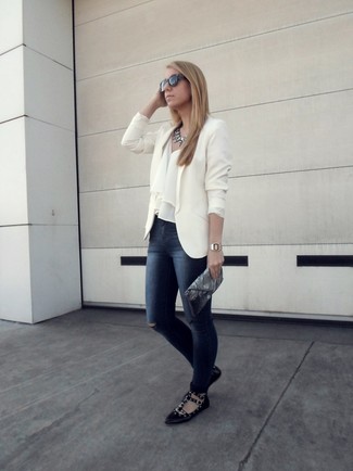 Women's Black Studded Leather Ballerina Shoes, Navy Ripped Skinny Jeans, White Pleated Tank, White Blazer