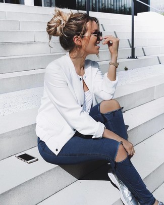 Women's Silver Leather Low Top Sneakers, Navy Ripped Skinny Jeans, White Crochet Tank, White Bomber Jacket