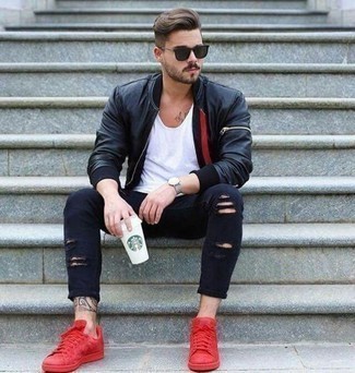 Navy Ripped Skinny Jeans Outfits For Men: 
