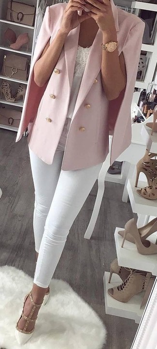 Women's White Studded Leather Pumps, White Skinny Jeans, White Lace Tank, Pink Cape Blazer