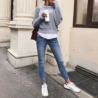 White Low Top Sneakers with Crew-neck Sweater Outfits For Women: 
