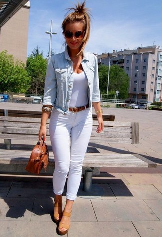 Women's Tan Leather Wedge Sandals, White Skinny Jeans, White Tank, Light Blue Denim Jacket