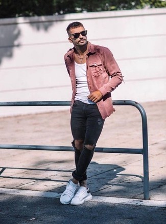 Men's White and Black Leather Low Top Sneakers, Black Ripped Skinny Jeans, White Tank, Pink Denim Shirt