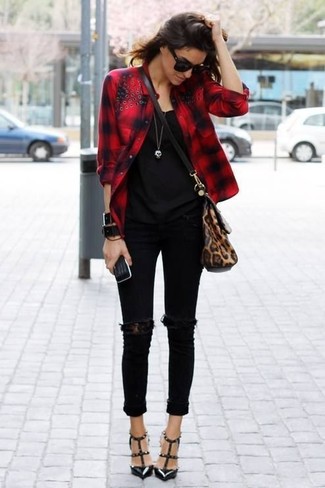 Black Ripped Skinny Jeans with Red Check Dress Shirt Outfits: 
