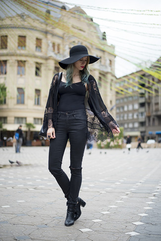 Women's Black Cutout Leather Ankle Boots, Black Ripped Skinny Jeans, Black Tank, Black Lace Kimono