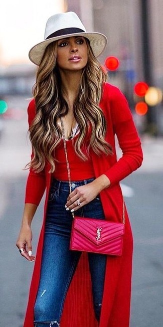 Women's Hot Pink Quilted Leather Crossbody Bag, Blue Ripped Skinny Jeans, Red Knit Tank, Red Long Cardigan