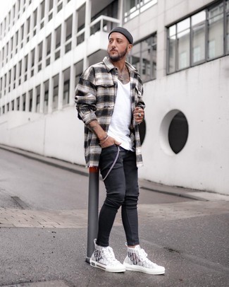 White and Black Plaid Long Sleeve Shirt Outfits For Men: 
