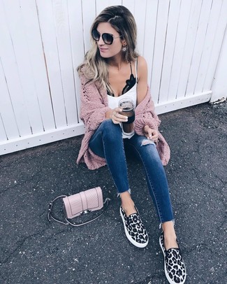 Women's White and Black Leopard Slip-on Sneakers, Navy Ripped Skinny Jeans, White Tank, Pink Knit Open Cardigan