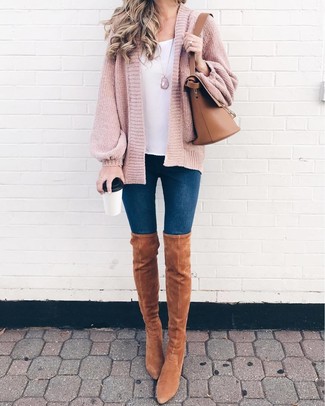 Women's Tan Suede Over The Knee Boots, Navy Skinny Jeans, White Tank, Pink Knit Open Cardigan