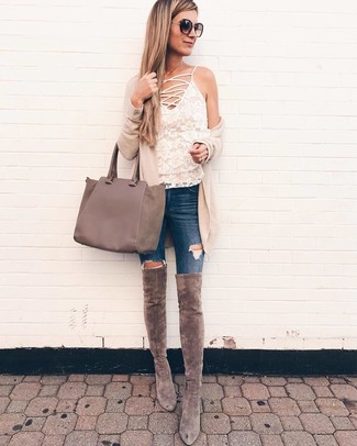 Women's Grey Suede Over The Knee Boots, Navy Ripped Skinny Jeans, White Lace Tank, Beige Open Cardigan