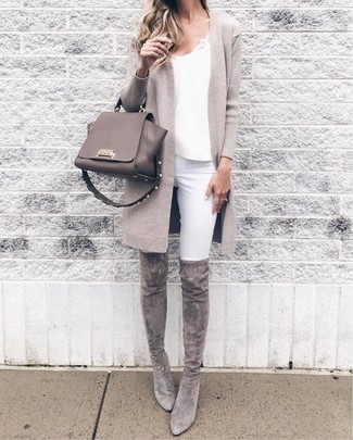 Women's Grey Suede Over The Knee Boots, White Skinny Jeans, White Satin Tank, Beige Open Cardigan